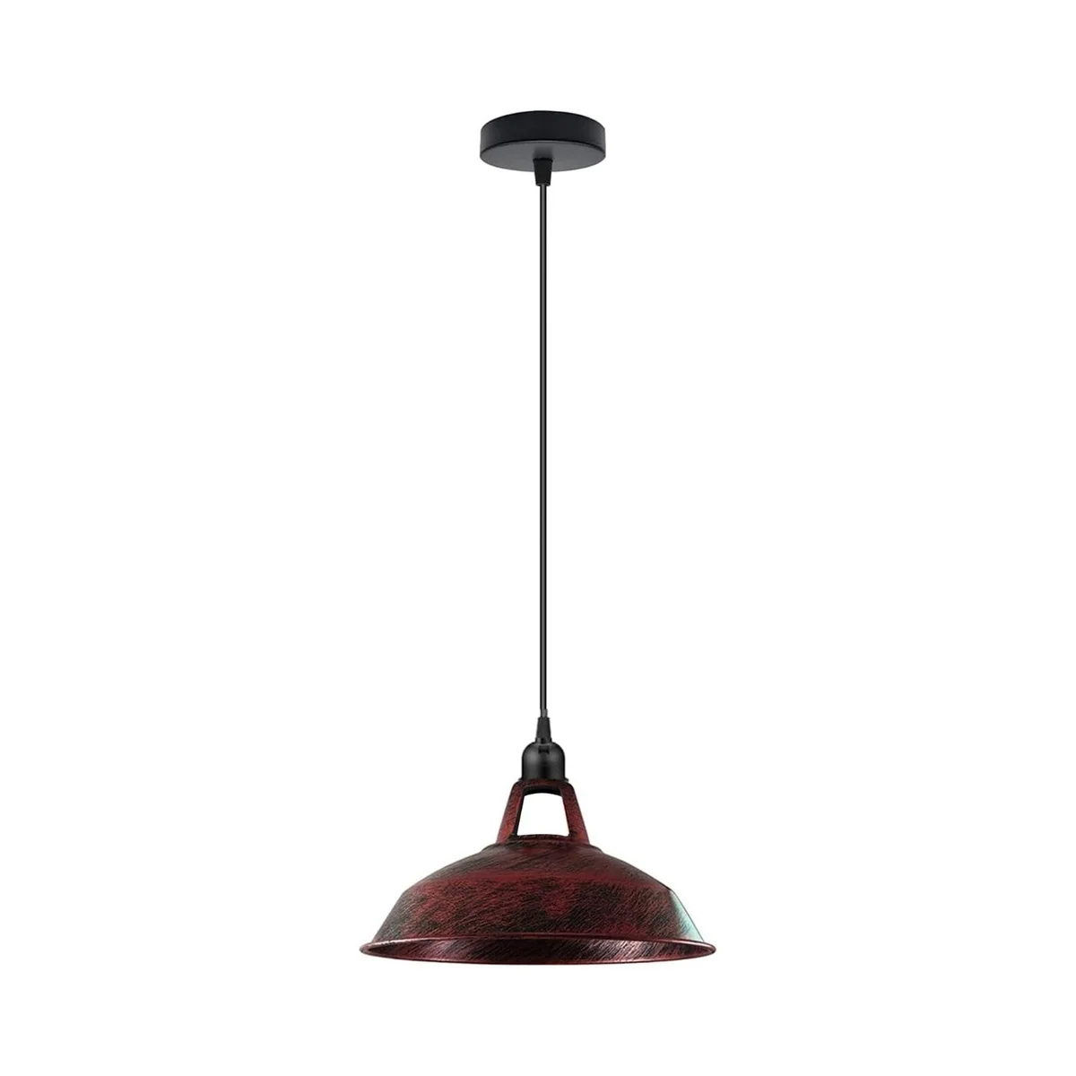 Vintage industrial ceiling light with adjustable black pendant and barn slotted shade light in satin nickel finish