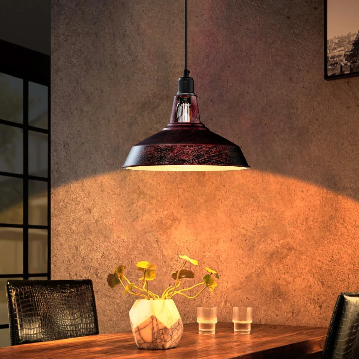 Industrial ceiling light with barn slotted metal shade in rustic red, adjustable black pendant cable, vintage style hanging fixture
