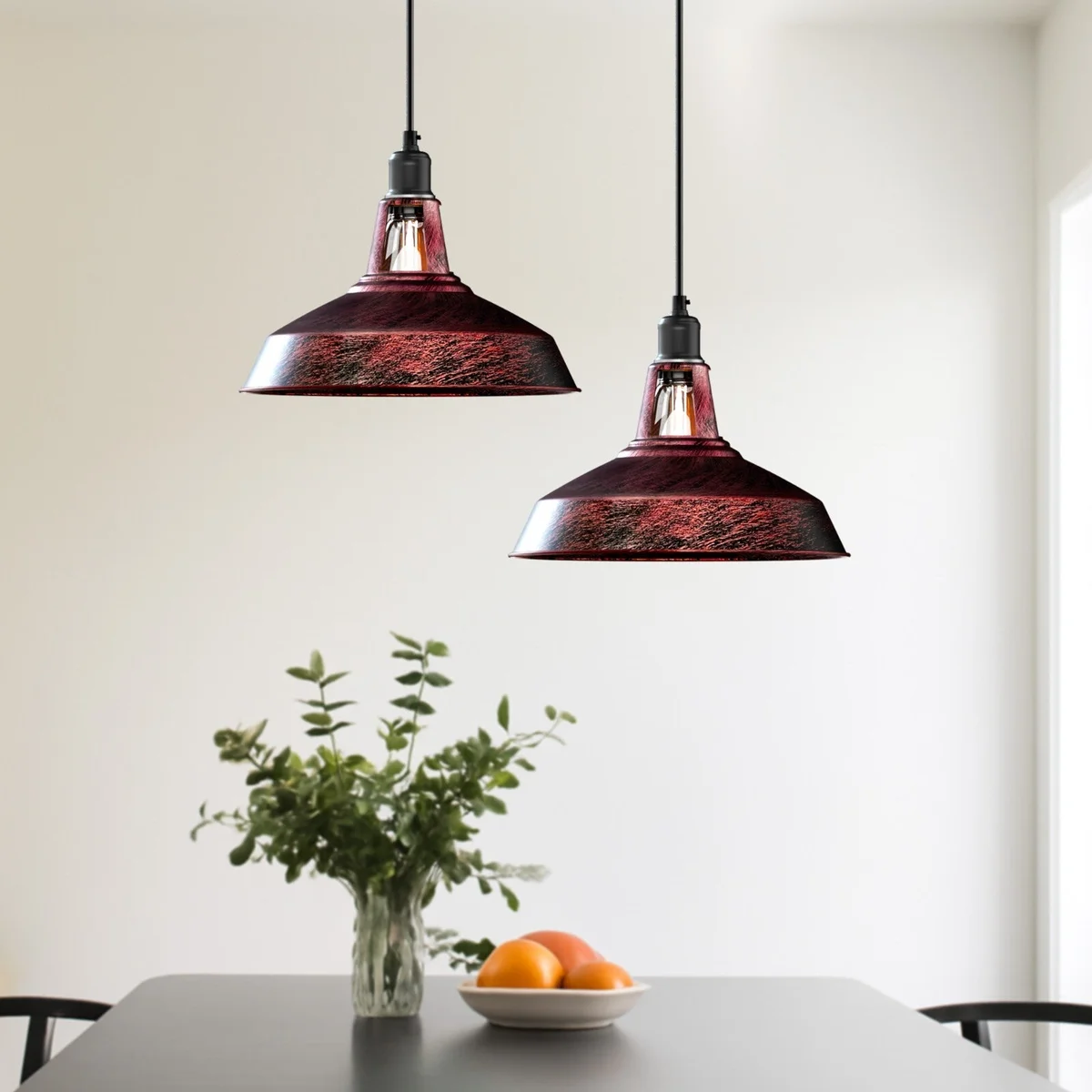 Industrial ceiling light with barn slotted metal shade in satin nickel, adjustable black pendant cable hanging from ceiling rose
