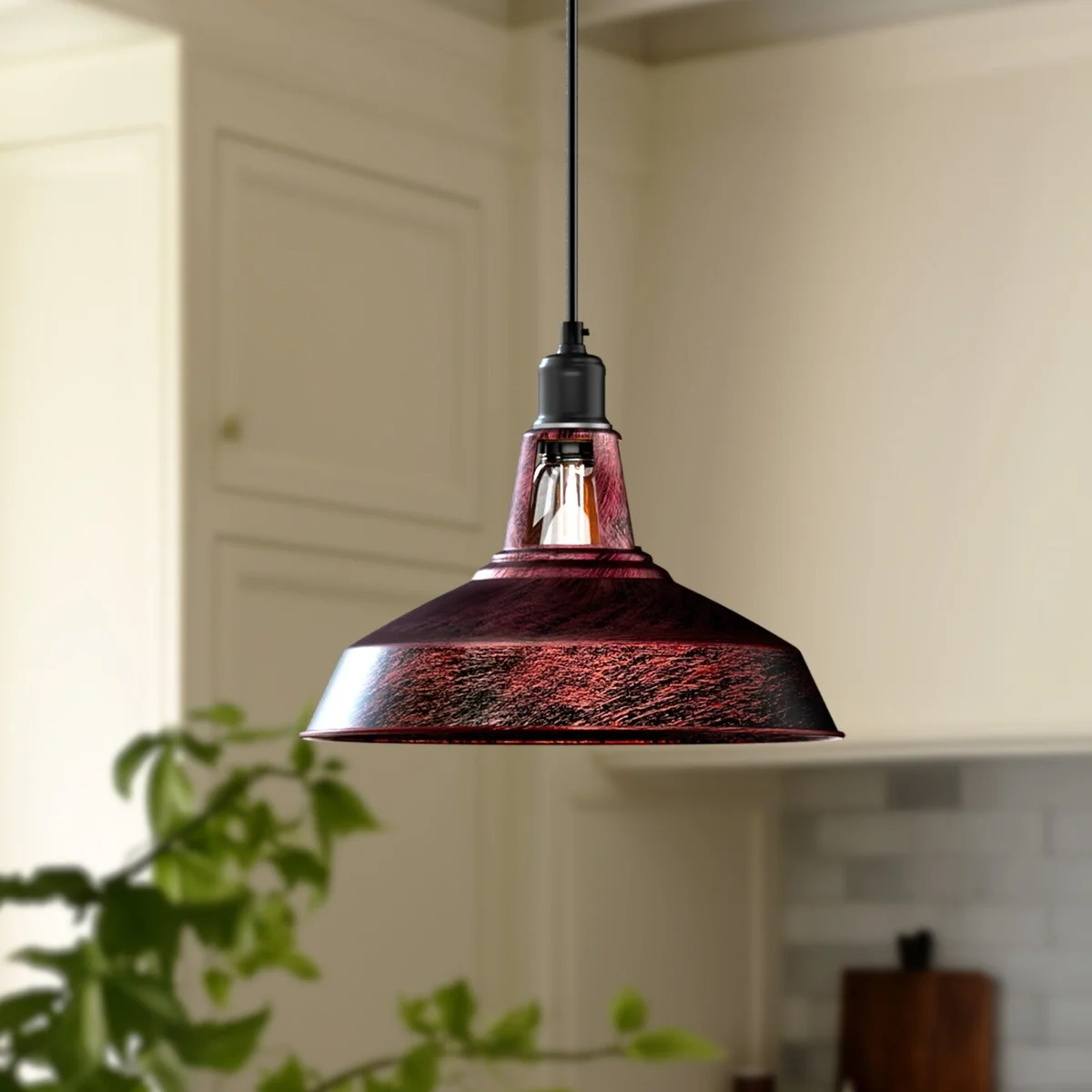 Industrial ceiling light with barn slotted metal shade in rustic red, adjustable black pendant cable, vintage style hanging fixture