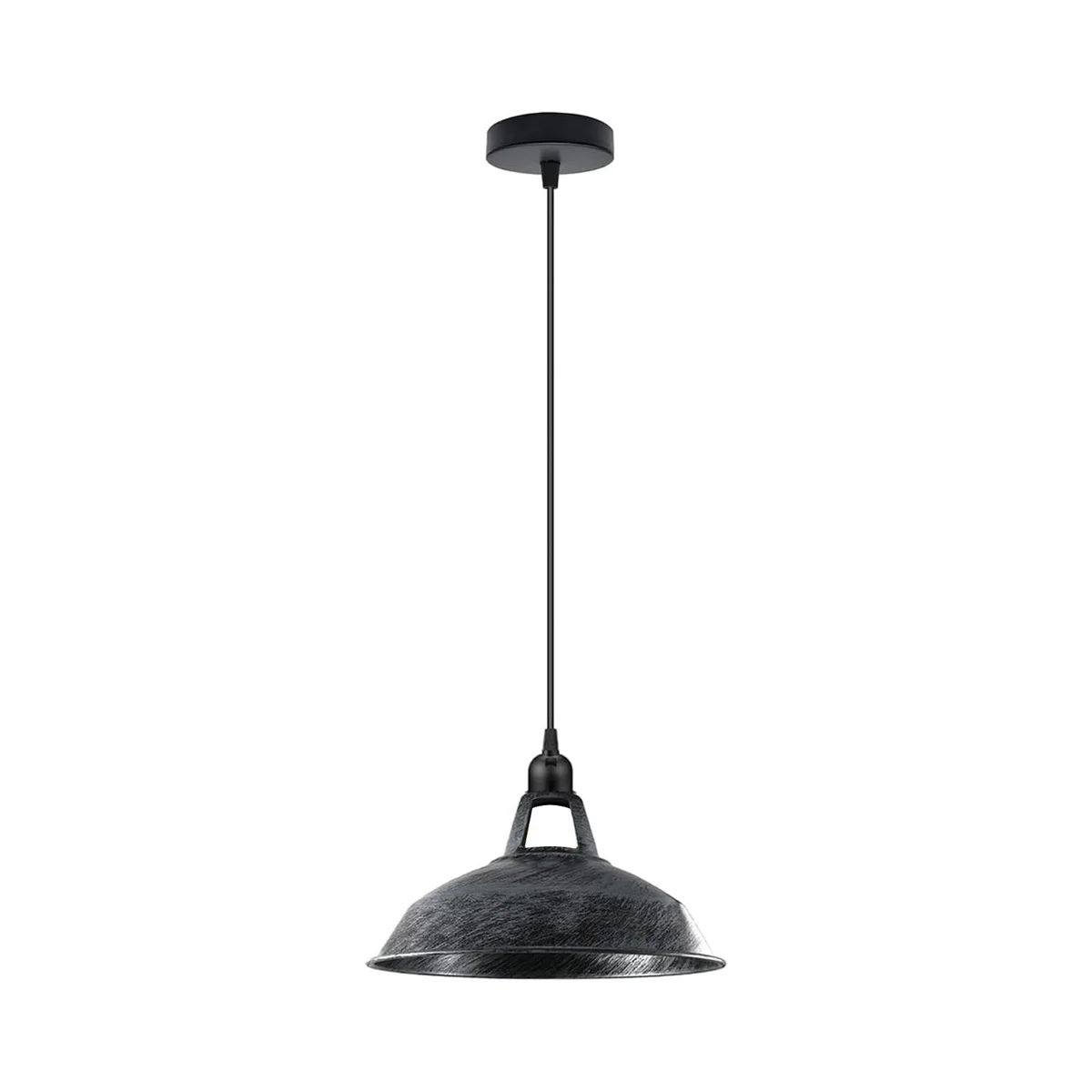 Industrial ceiling light with barn slotted metal shade in satin nickel, black cable, and adjustable hanging pendant design