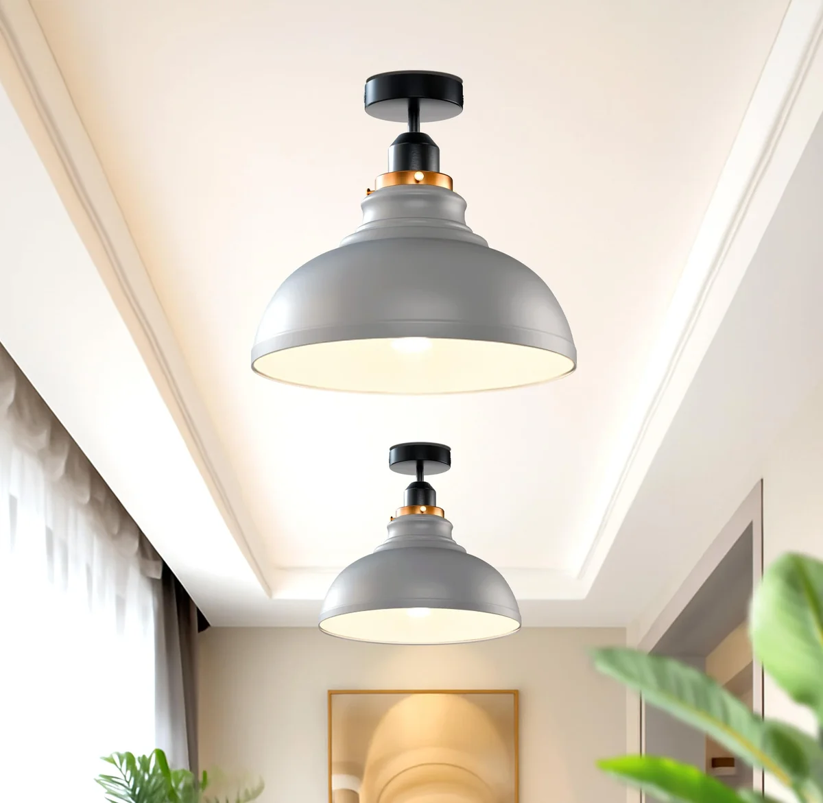 Chrome ceiling lamp with dome-shaped metal shade, semi flush mount design, 29cm diameter, E27 bulb holder included