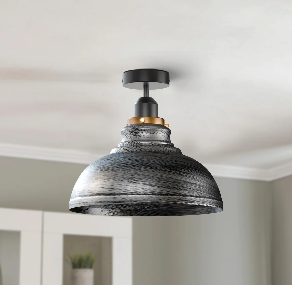 Semi flush mount lighting with dome-shaped metal shade and ceiling plate, designed for E27 bulb (bulb not included)