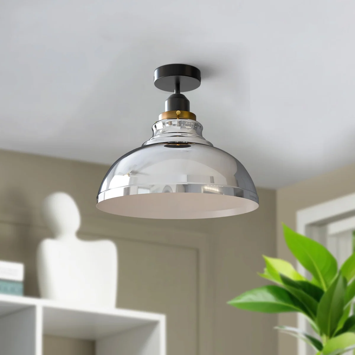 Semi flush ceiling mounted light fixture with metal dome shade and E27 bulb holder, 29cm diameter shade