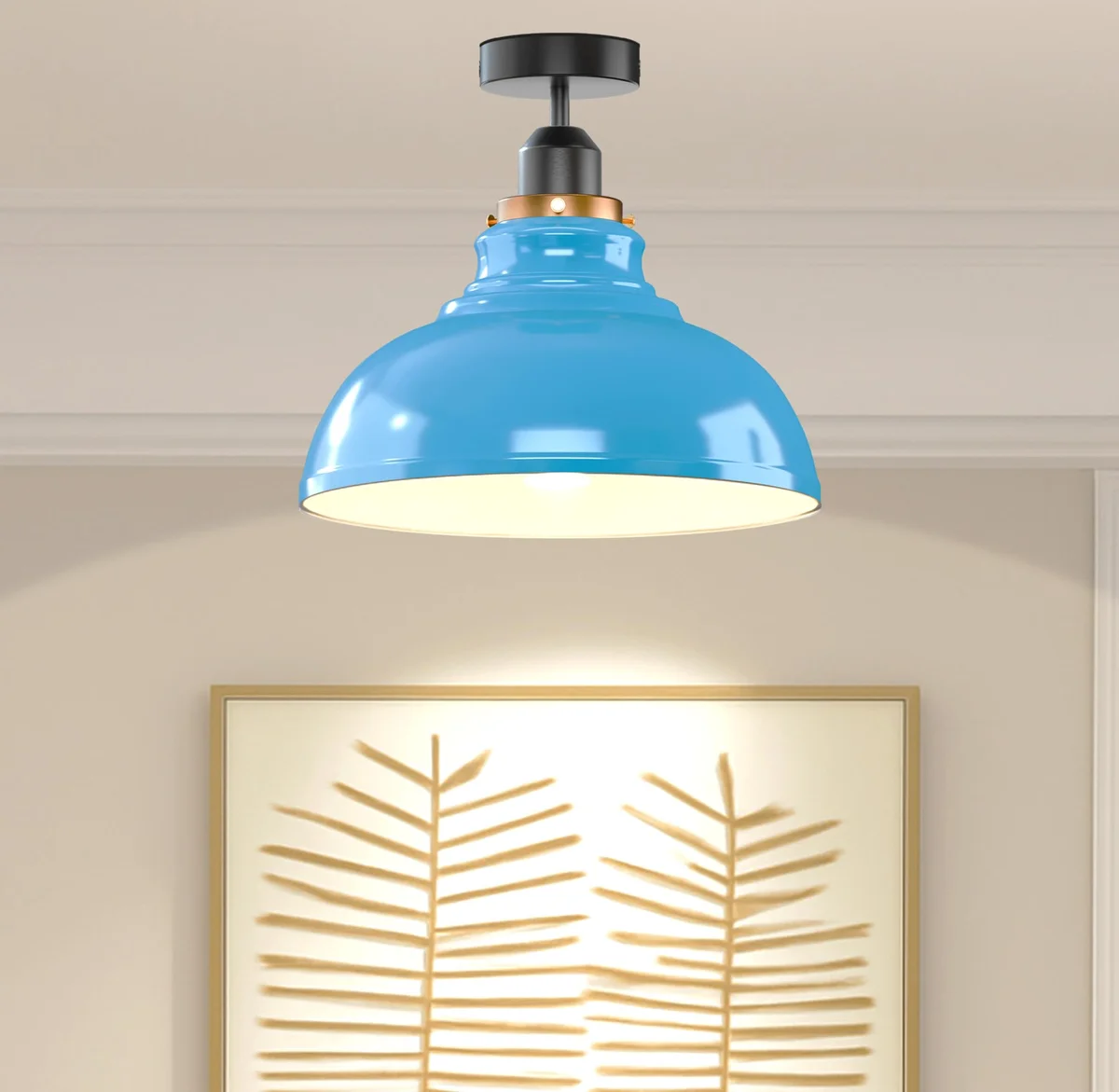 Semi flush ceiling light with metal dome shade and 10cm diameter ceiling plate, E27 bulb holder included, no bulb