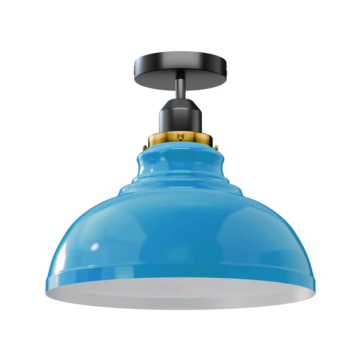 Semi flush ceiling light with metal dome shade and ceiling plate, designed for E27 bulb, shown assembled and mounted
