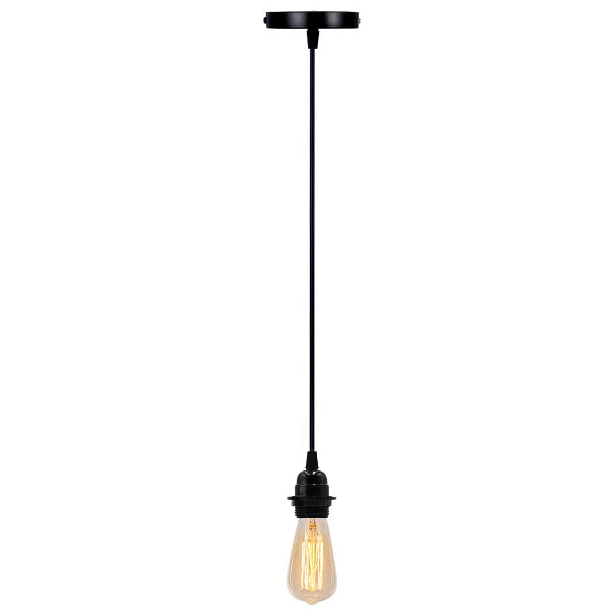 Adjustable metal pendant lamp with vintage style, E27 bulb holder, black ceiling rose, and 95cm flex cable hanging indoors