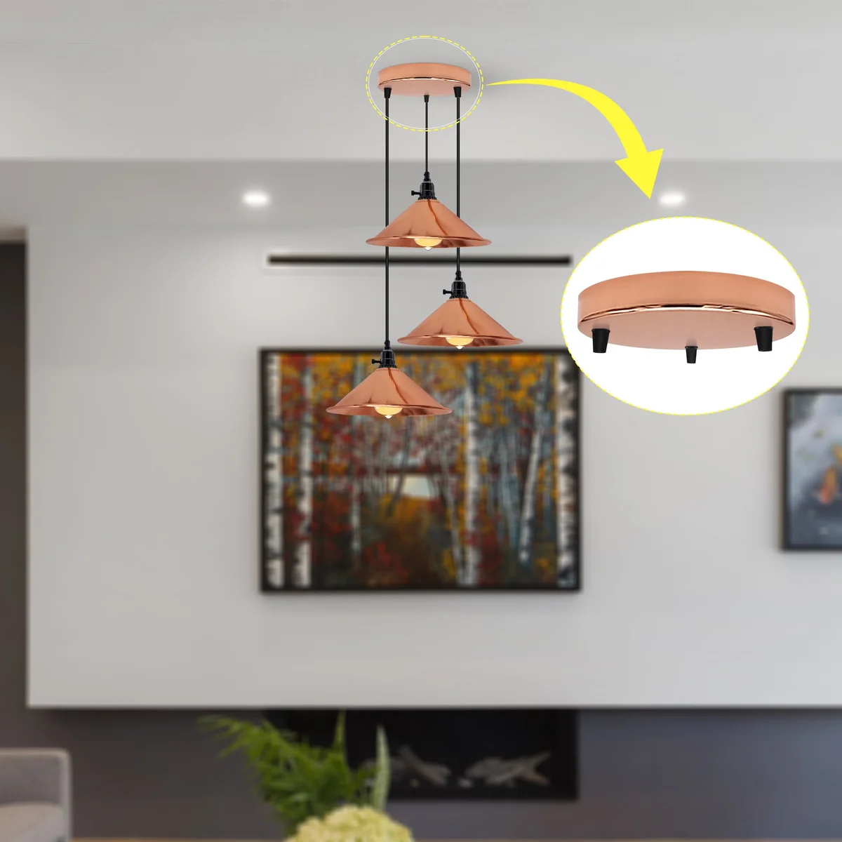 Multi colour 3 hole ceiling rose with vintage industrial design and hardware for pendant wall lamp installation