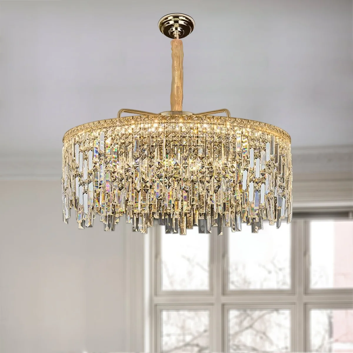 Modern gold chandelier with round frame, clear crystal drops, ceiling mounted, suitable for E14 bulbs, indoor use
