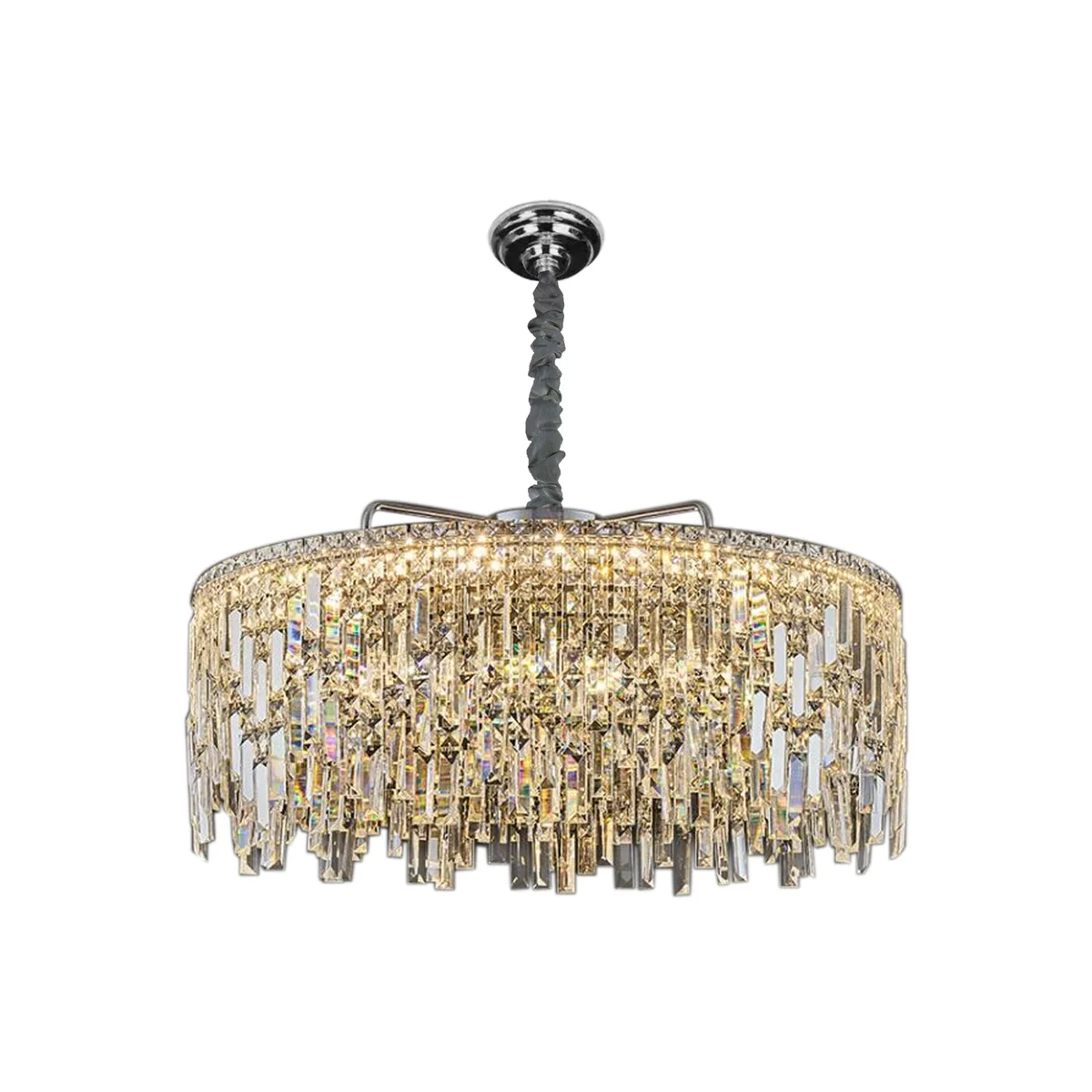Modern gold crystal drop chandelier with clear crystal frame and round shape, ceiling mounted with E14 bulb compatibility