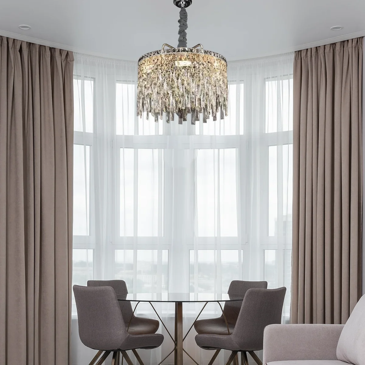 Modern gold crystal chandelier with round frame and hanging drops, compatible with E14 bulb chandelier lighting