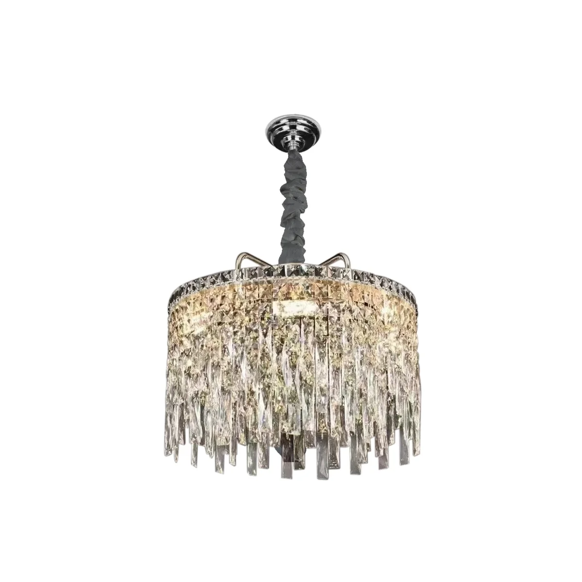 Modern gold crystal ceiling mounted dimmable chandelier light with clear crystal drops and round frame design