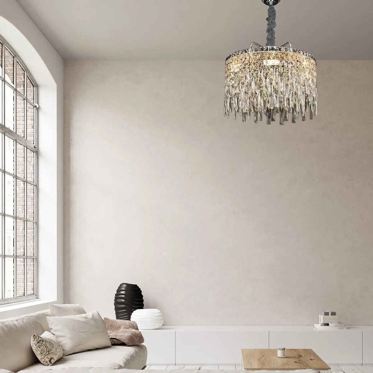 Round modern gold chandelier with clear crystal drops hanging from ceiling mount, suitable for indoor lighting