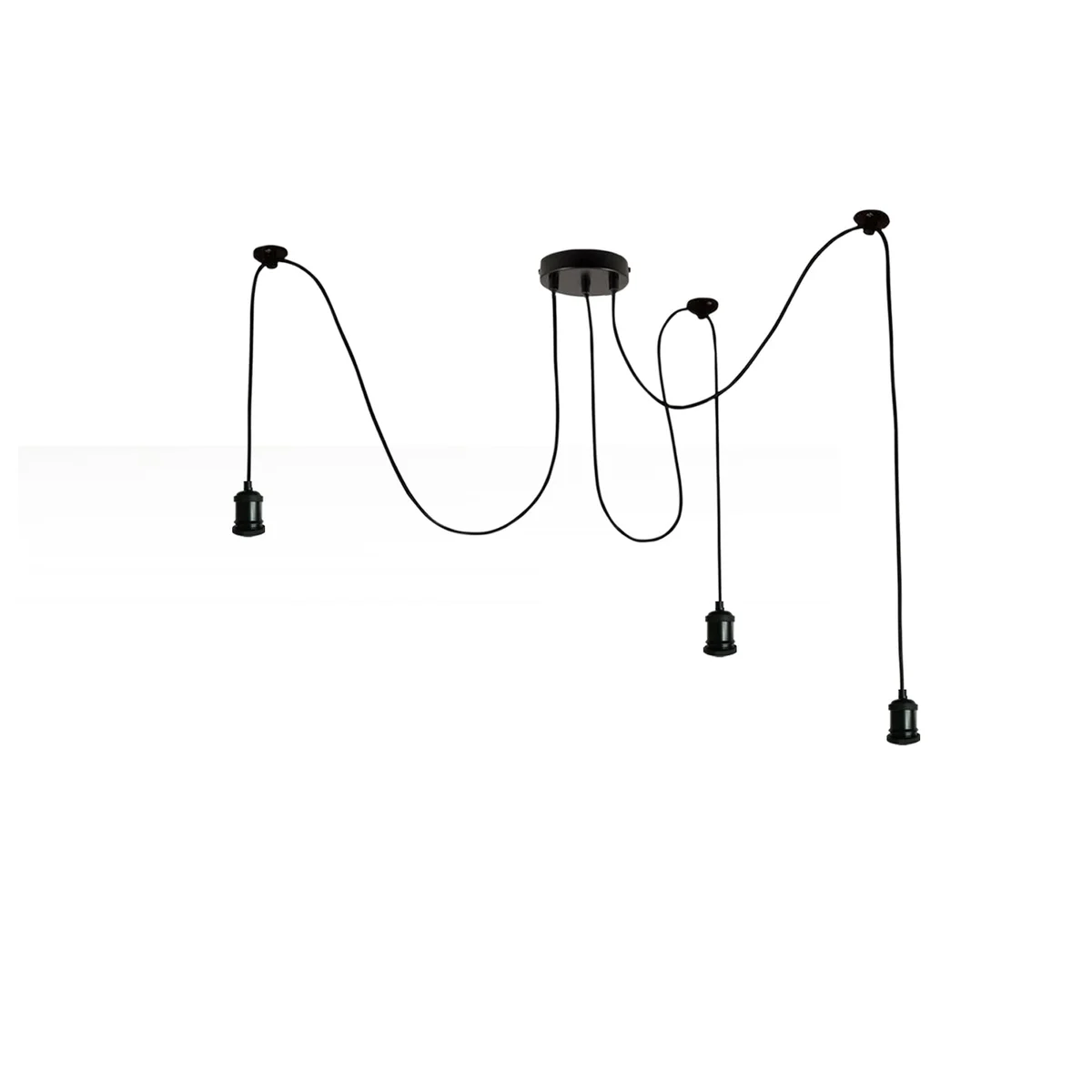 Black industrial pendant ceiling light with three adjustable E27 lamp holders and rubber flex cables hanging from a ceiling rose