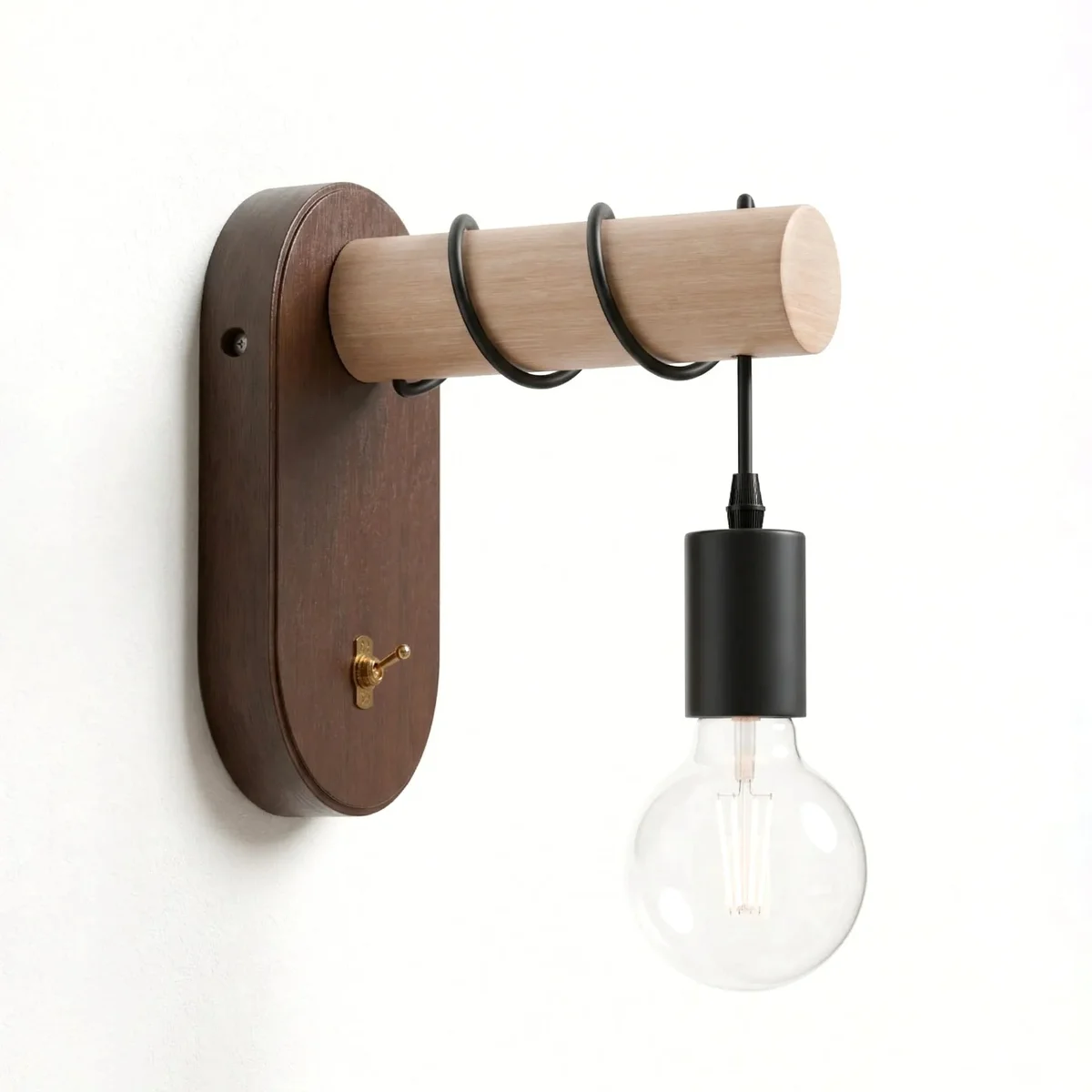 Industrial wooden wall light with solid walnut wood, E27 bulb, brass toggle switch, and black PVC cable mounted on wall