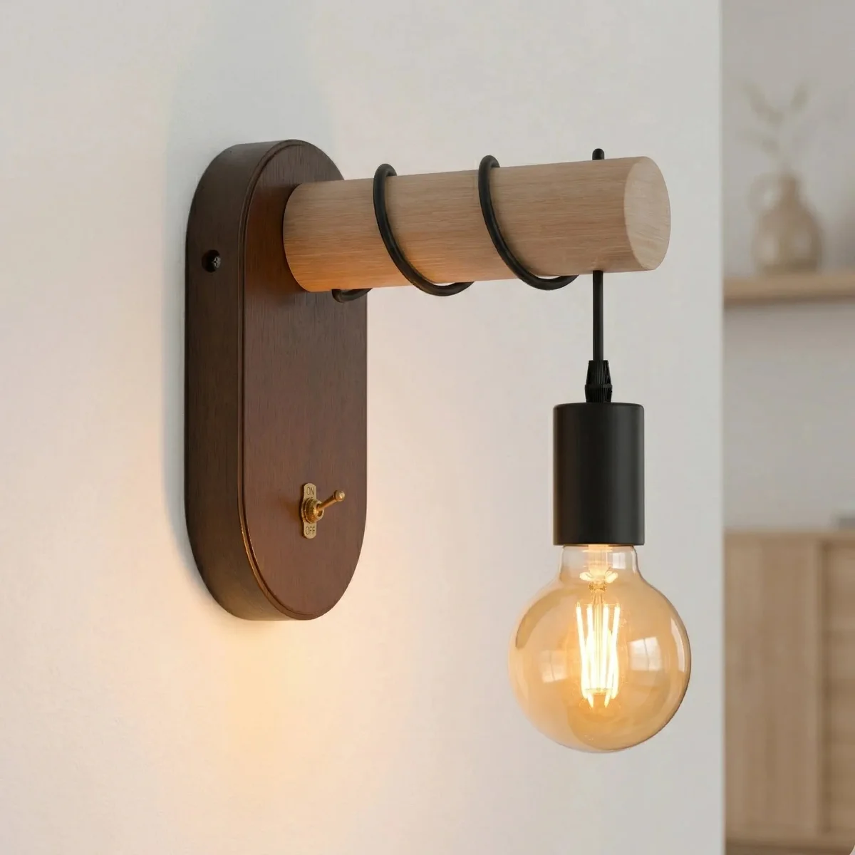 Industrial wall light with solid walnut wood beam, E27 bulb, brass toggle switch, and black PVC cable mounted on wall