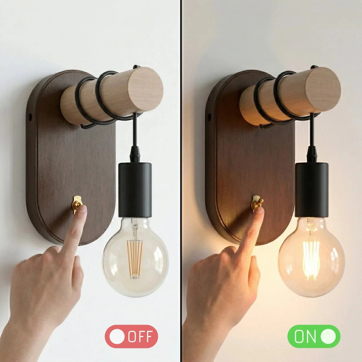 Industrial wooden bedside wall lamp with walnut finish, E27 bulb, and brass toggle switch mounted on wall