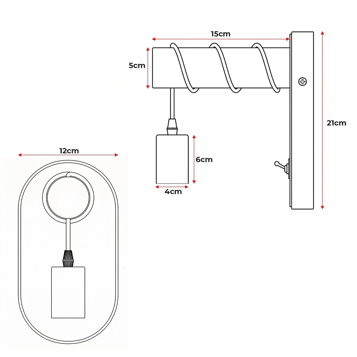 Walnut wood light with solid beam arm, brass toggle switch, and amber LED filament bulb mounted on wall