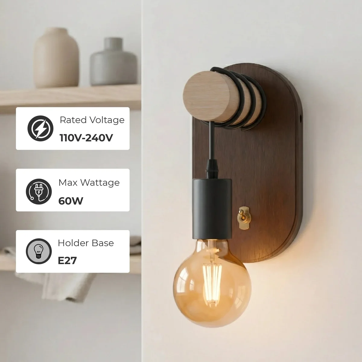 Wooden wall light with walnut finish, E27 bulb, and built-in brass toggle switch light mounted on wall