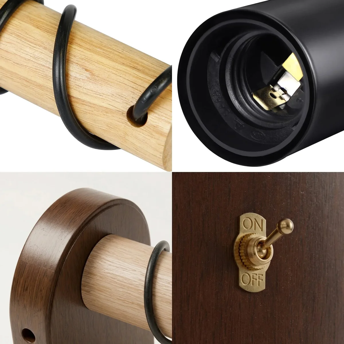 Industrial wooden wall light with walnut finish, brass toggle switch, and E27 bulb wall light mounted on a white wall