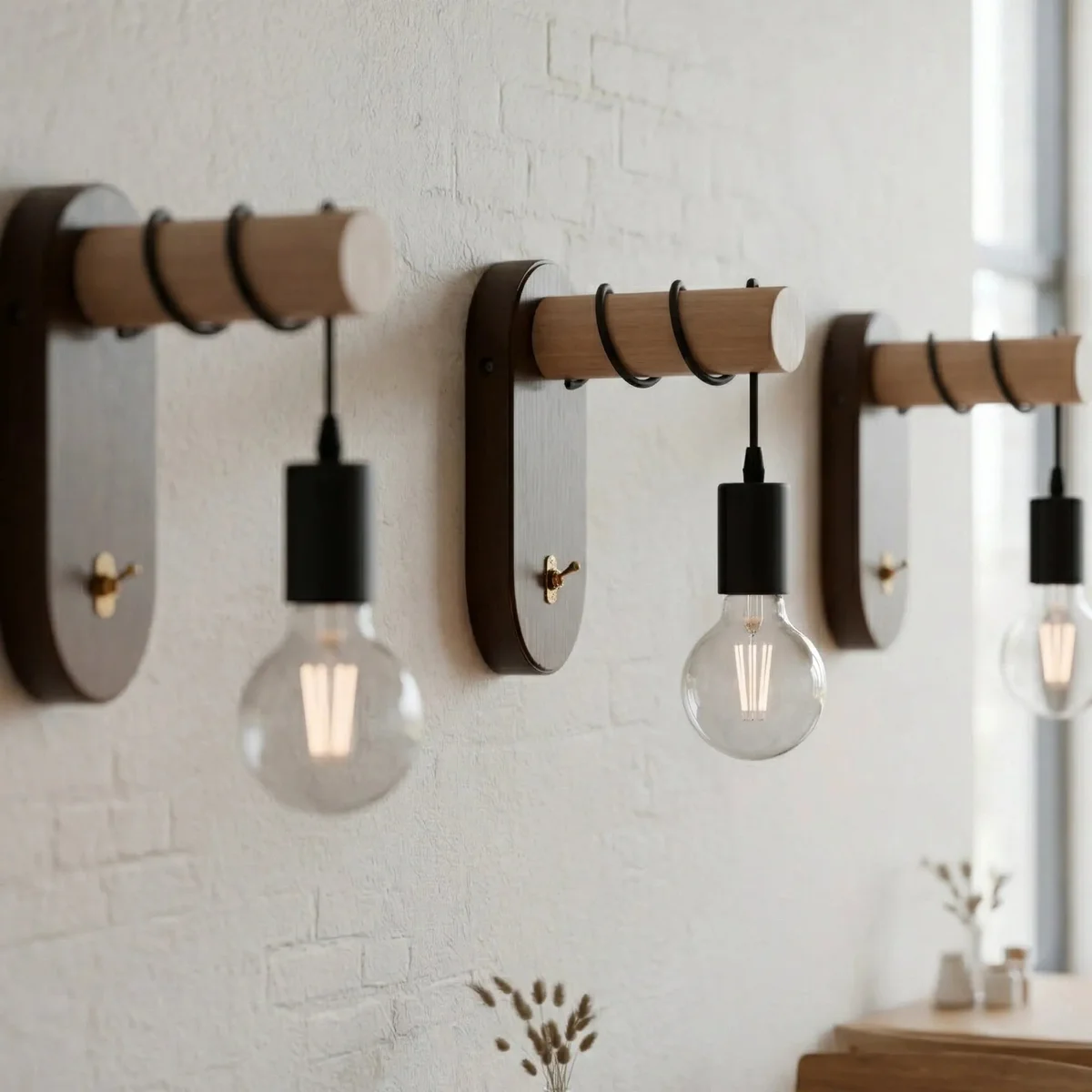 Industrial wooden wall light with walnut finish, E27 bulb, brass toggle switch, and black PVC cable mounted on wall