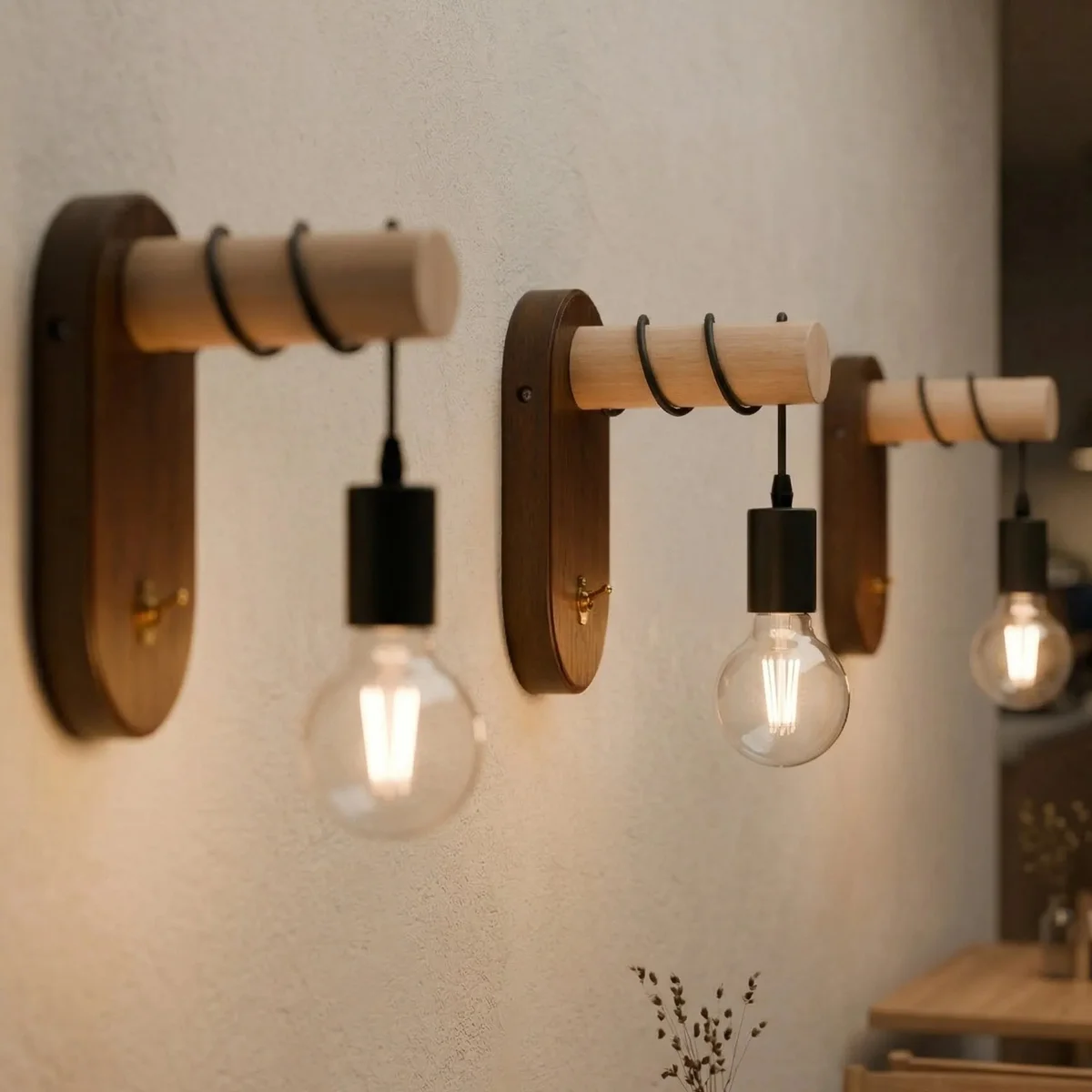 Walnut wooden wall light with E27 bulb, brass toggle switch, black cable, mounted on white wall in bedroom setting