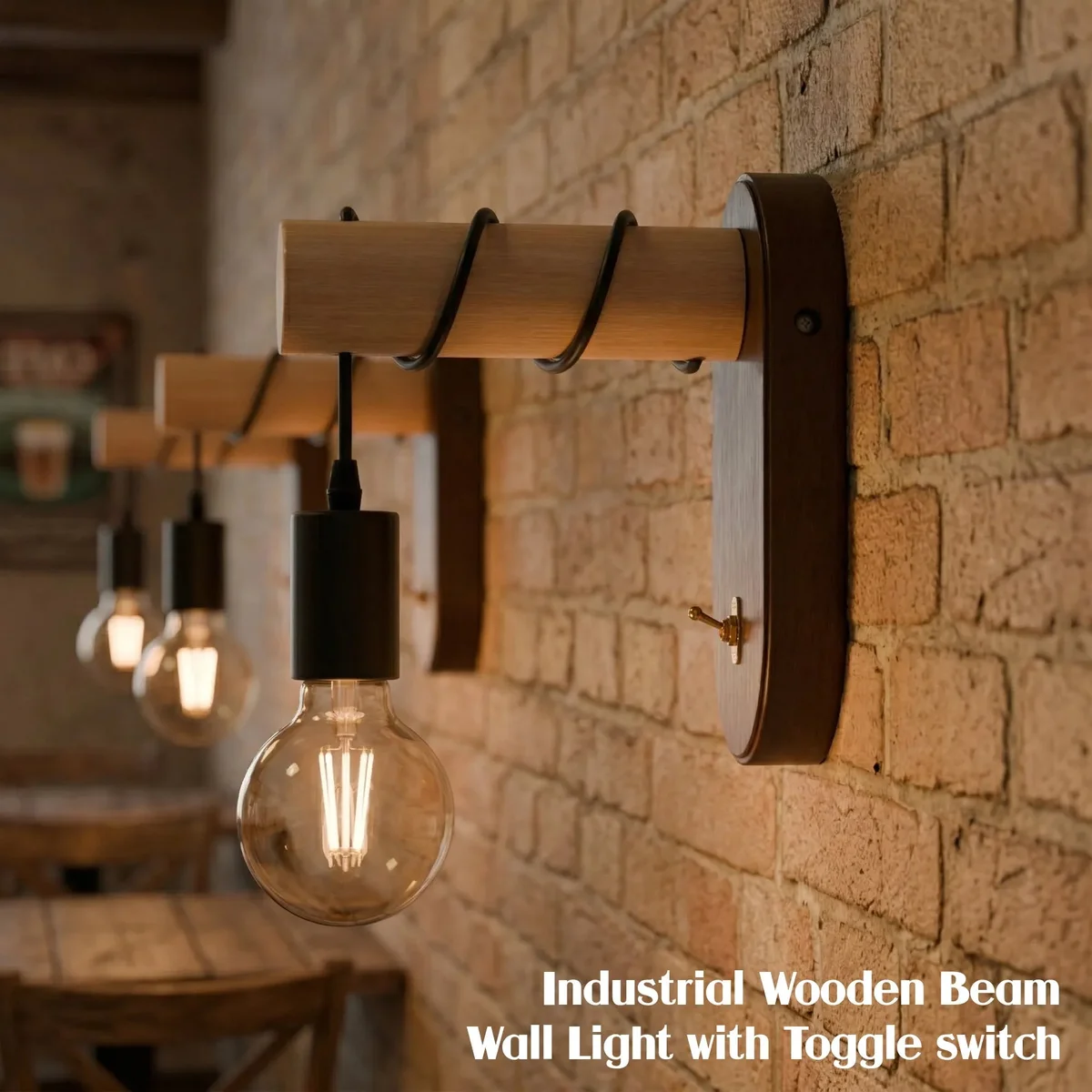 Industrial wooden wall light with walnut finish, E27 bulb, brass toggle switch, and black PVC cable mounted on wall
