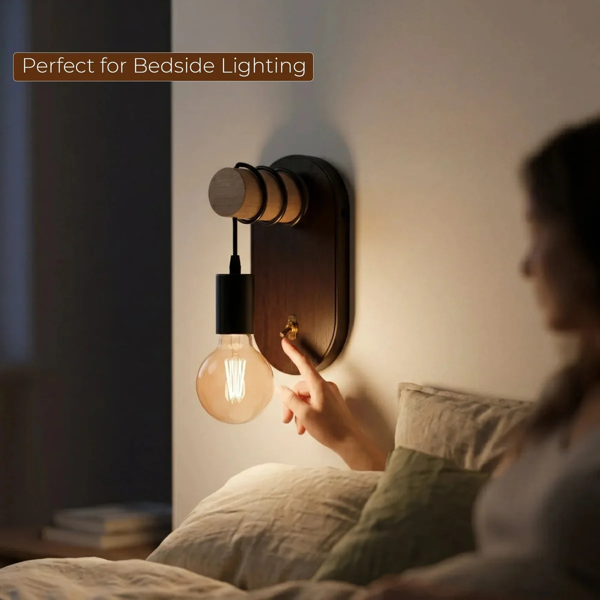 Industrial wooden wall light with solid walnut finish, E27 bulb, brass toggle switch, and black PVC cable mounted on wall