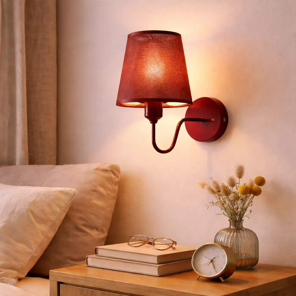 Modern burgundy fabric wall sconce with curved arm and textured shade, metal holder and ceiling rose in matching maroon finish