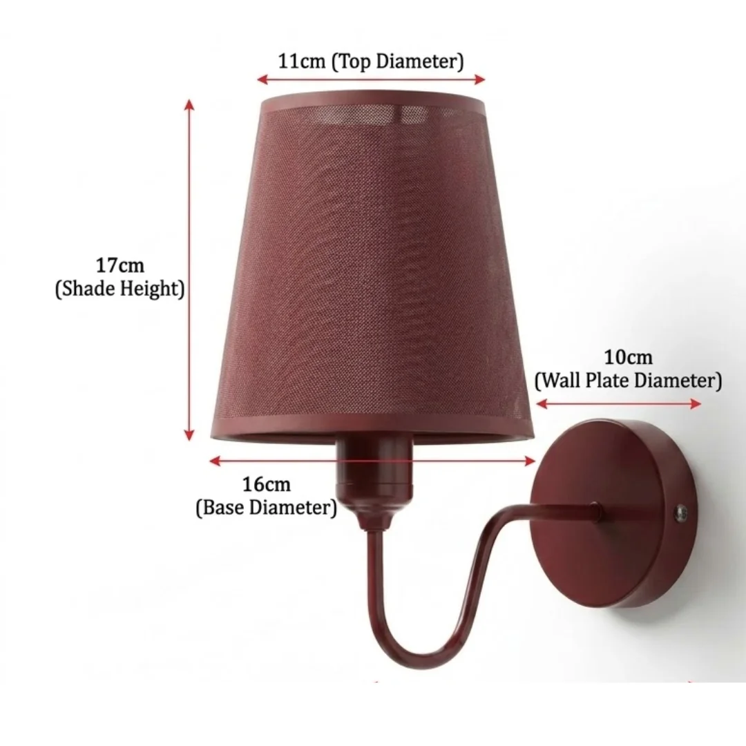 Dimmable wall sconce with burgundy fabric shade and curved metal arm, suitable for indoor use, max 60W bulb