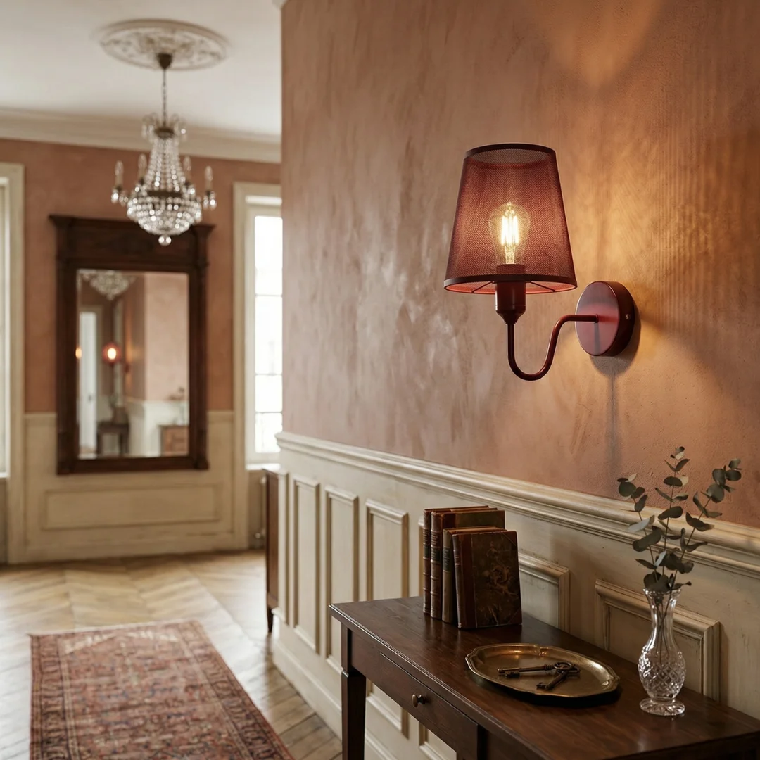 Modern burgundy fabric shade wall light with curved metal arm and textured fabric shade, ideal for dimmable indoor lighting