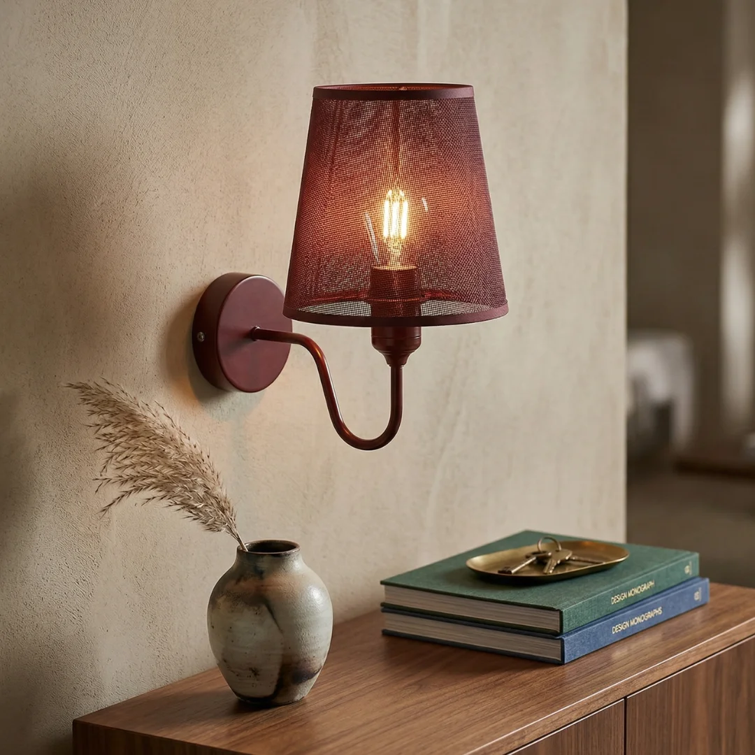 Modern wall lighting with dimmable burgundy fabric shade and curved metal arm, ideal for bedroom or hallway illumination
