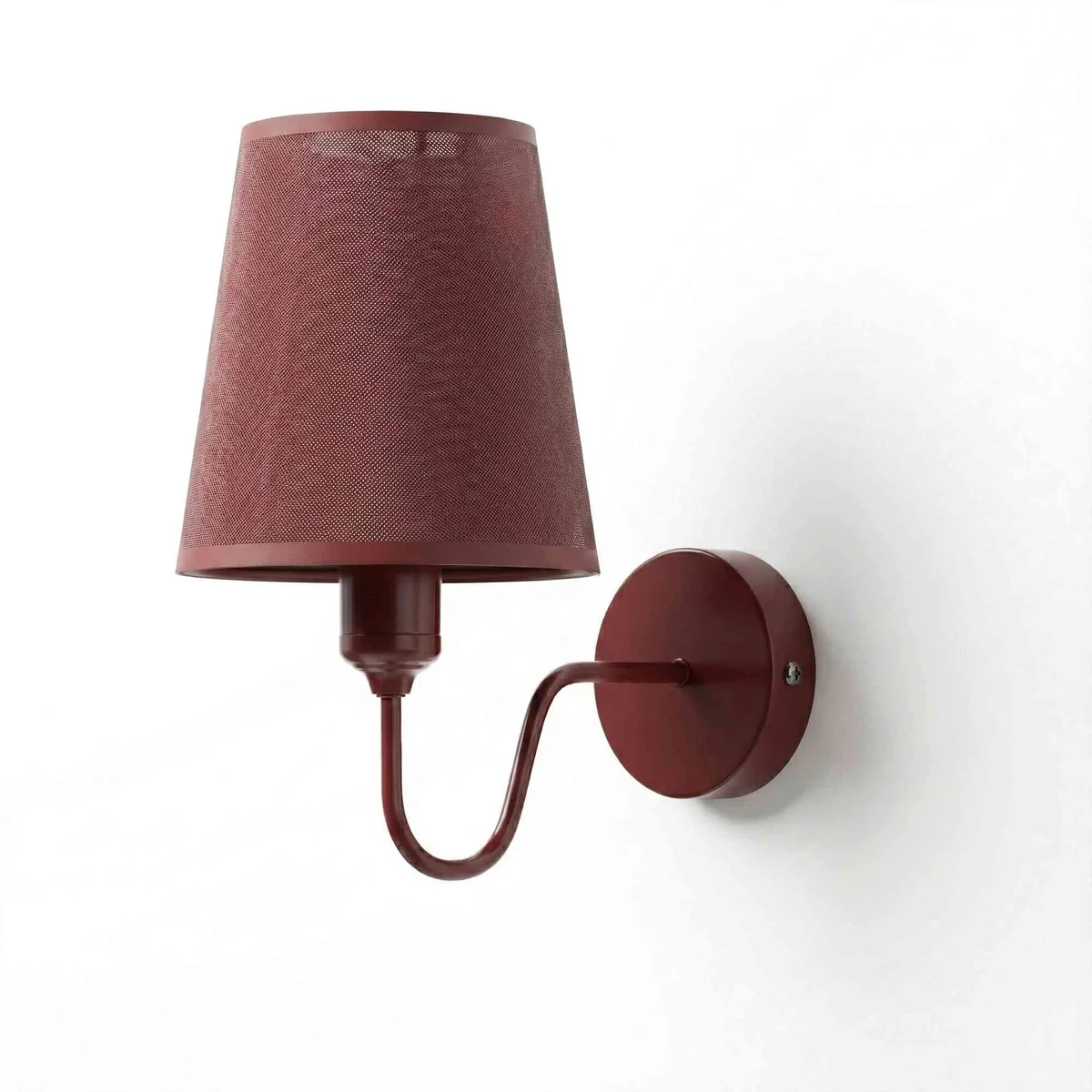 Dimmable burgundy fabric wall sconce with curved arm and metal rose, compatible with E27 bulb wall light fitting