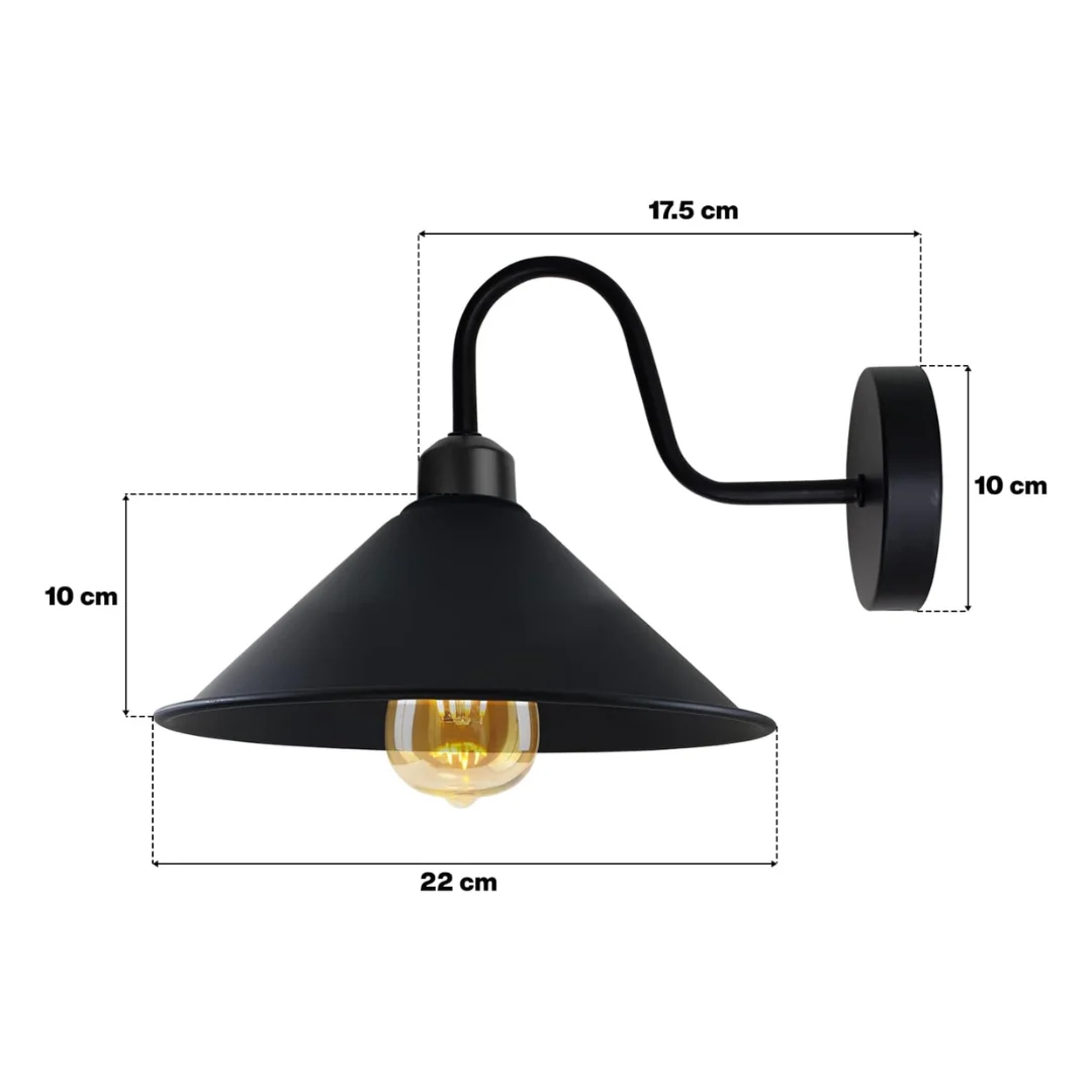 Vintage burgundy wall light with curved gooseneck arm and metal cone shade mounted on a white wall