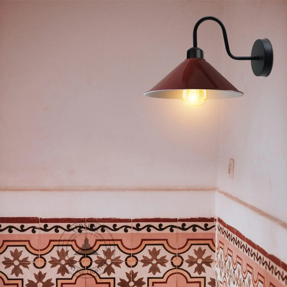 Vintage burgundy industrial bedside sconce with curved gooseneck arm and 22cm metal cone shade mounted on wall