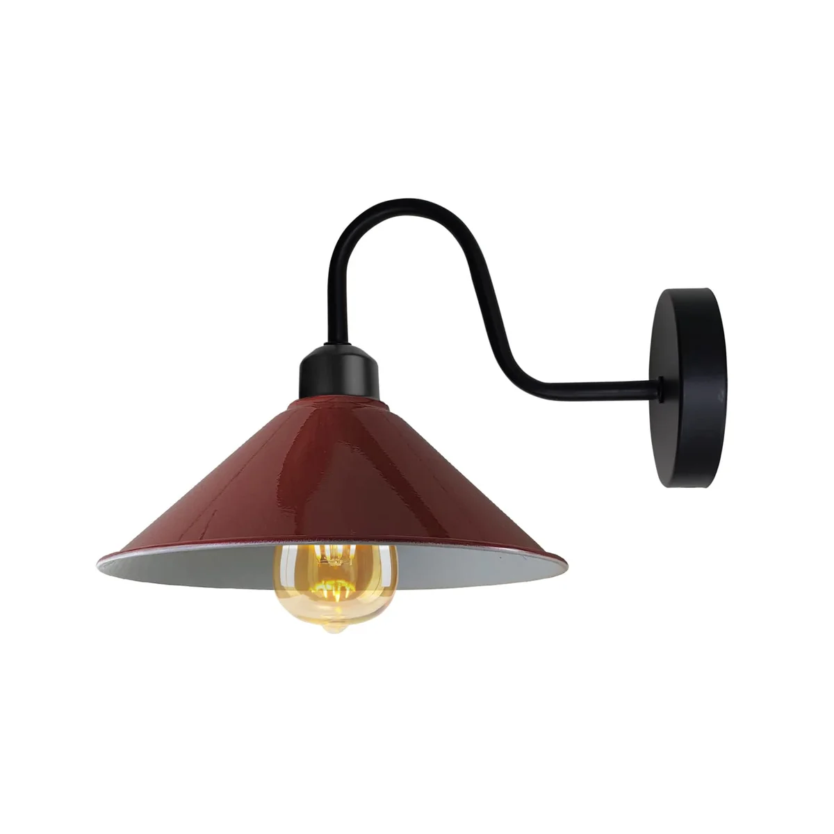 Vintage burgundy wall lamp with curved gooseneck arm and cone shade, a dimmable reading light for cozy spaces