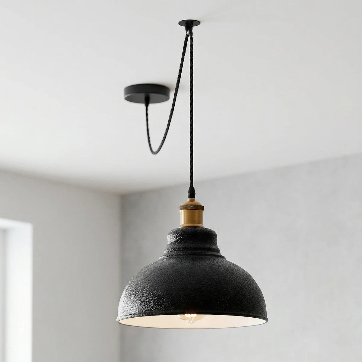 Black industrial pendant light with curvy metal shade, white interior, adjustable 2m twisted cable, E27 bulb holder