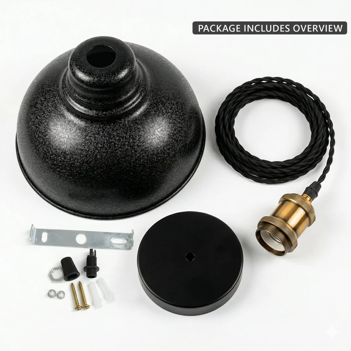 Black industrial curvy metal pendant light with white interior and E27 bulb pendant light hanging from twisted cable