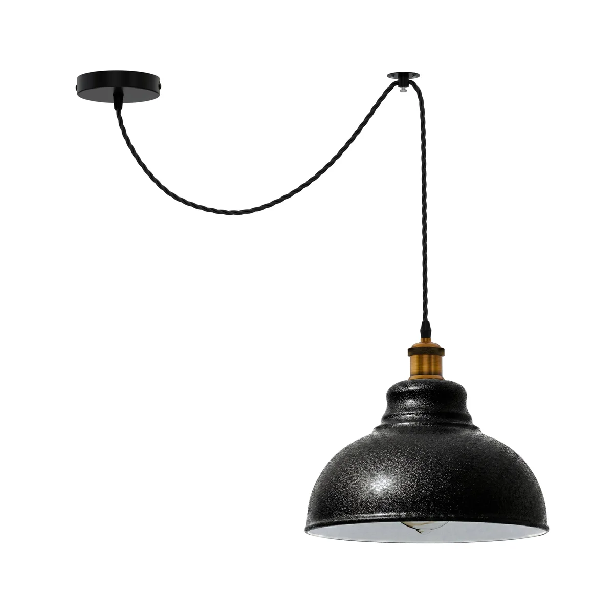 Black industrial curvy kitchen dining pendant light with white inner shade and adjustable 2m twisted cable hanging from ceiling