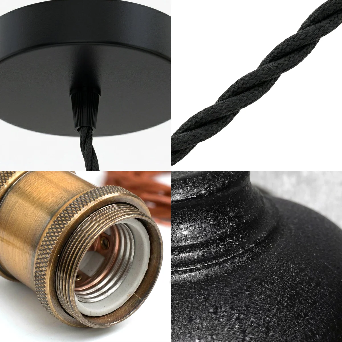 Black industrial pendant light with curvy metal shade, white interior, antique bronze holder, and adjustable twisted cable hanging