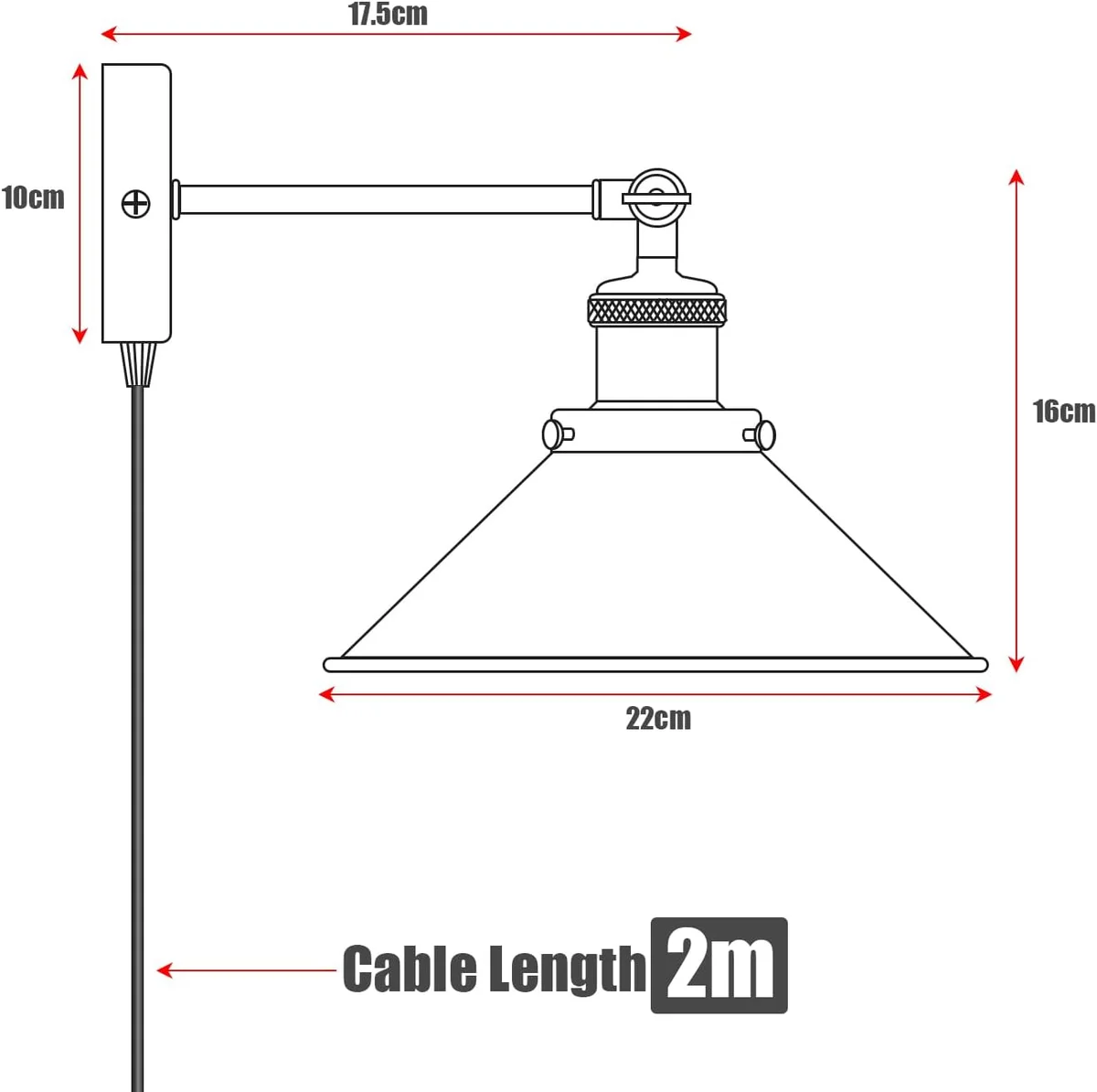Pair of metal dimmable wall lights with adjustable cone shades and 2m cables, ideal for living room or bedroom lighting