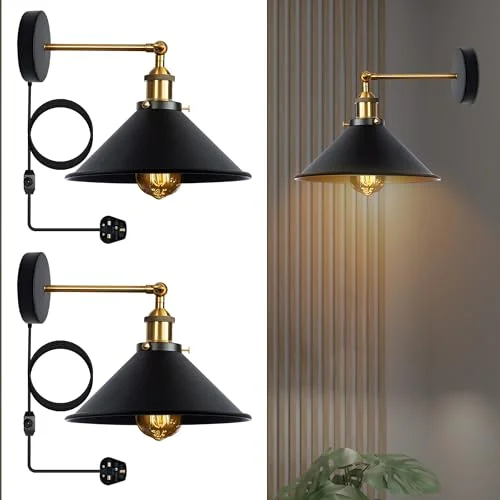 Pair of adjustable wall lamps with metal cone shades and 2m cables, shown mounted on a white wall with dimmer switches