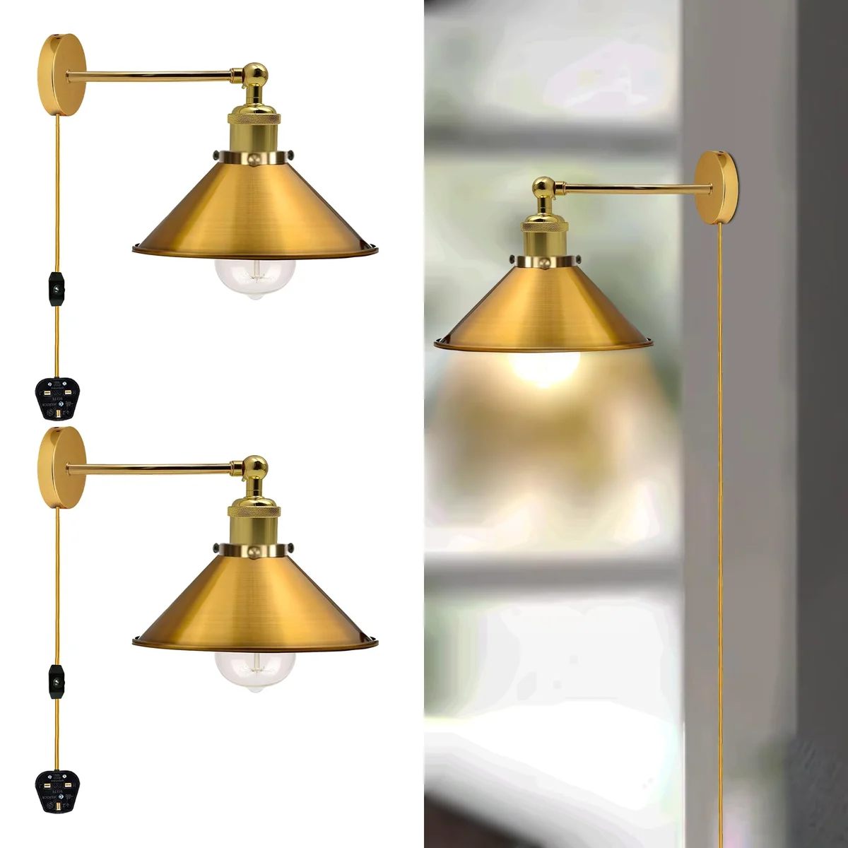Pair of adjustable industrial wall sconces with metal cone shades and 2m plug-in cables on a white wall