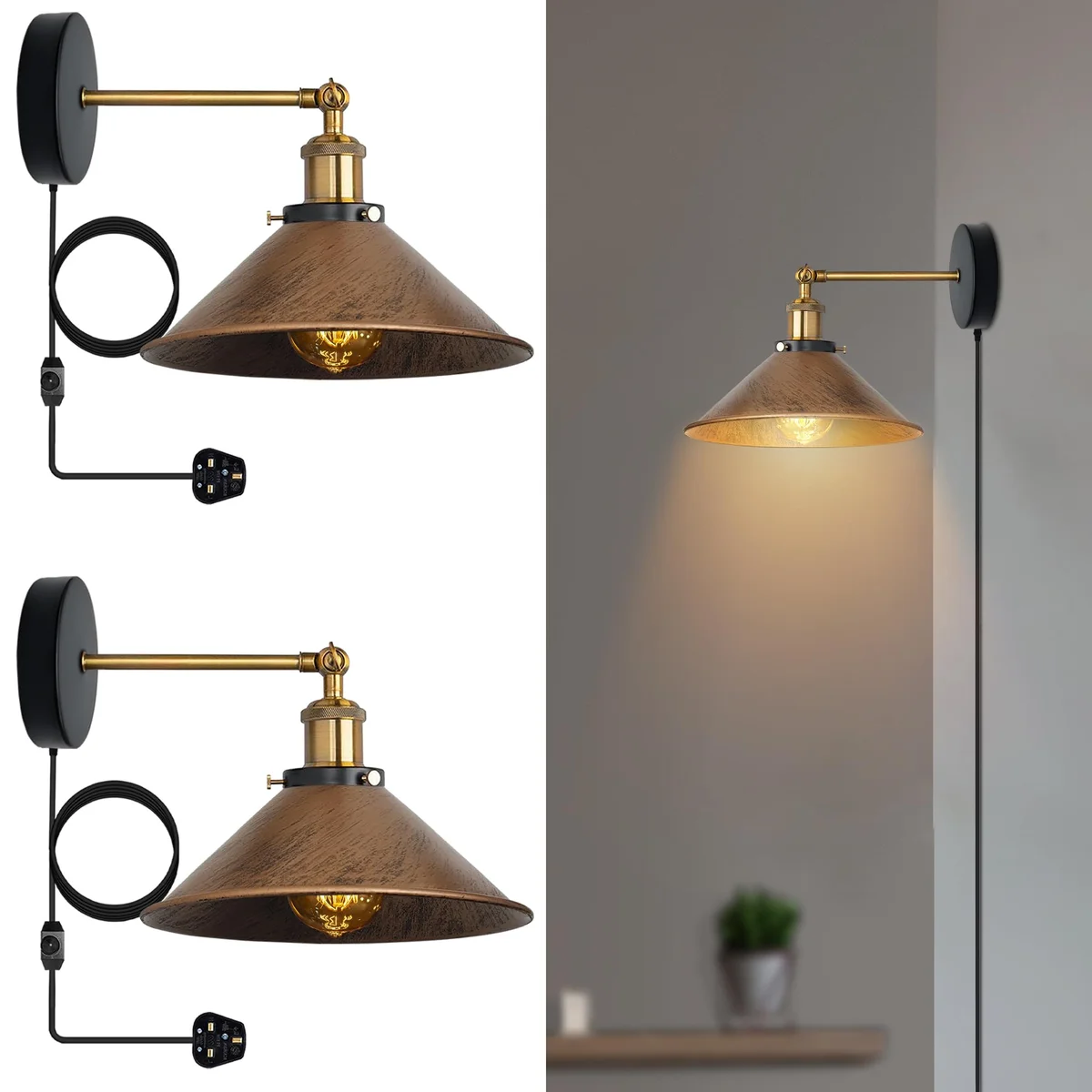 Pair of adjustable metal cone wall lights with dimmer switch and 2m plug-in cable mounted on a living room wall