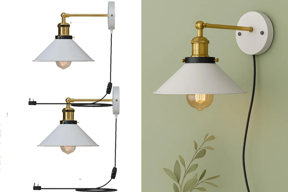Pair of metal cone living room wall lights with adjustable angles and dimmer switch, plugged into wall sockets with 2m cables