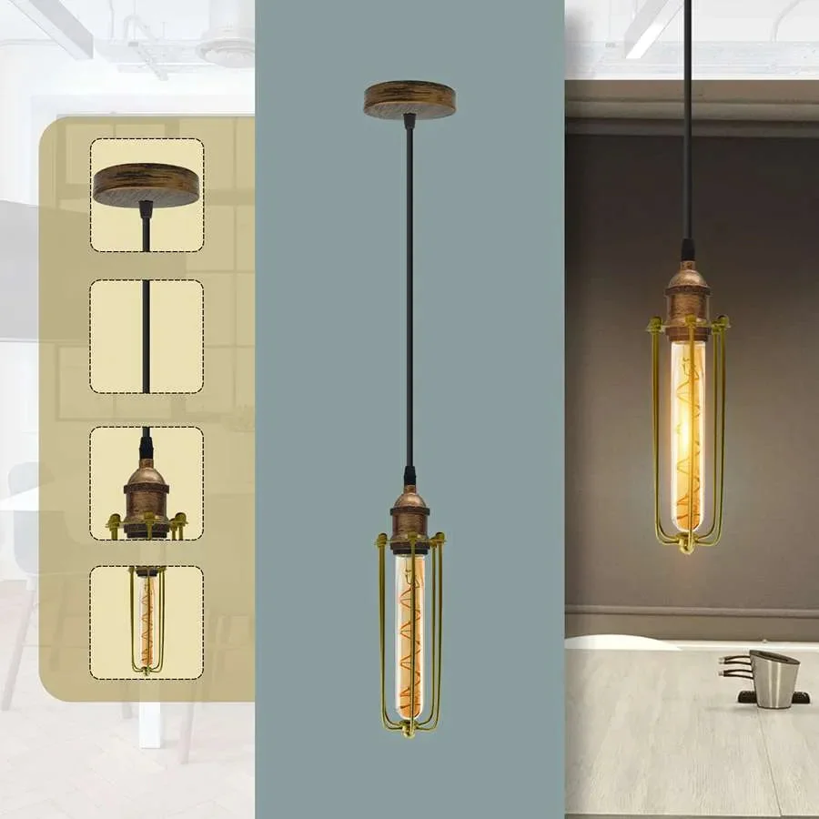 Vintage industrial pendant light with adjustable cable and long diamond wire cage shade in black iron finish