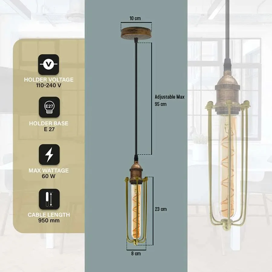 Single light adjustable cable E27 bulb pendant light with long diamond wire cage shade in vintage industrial style