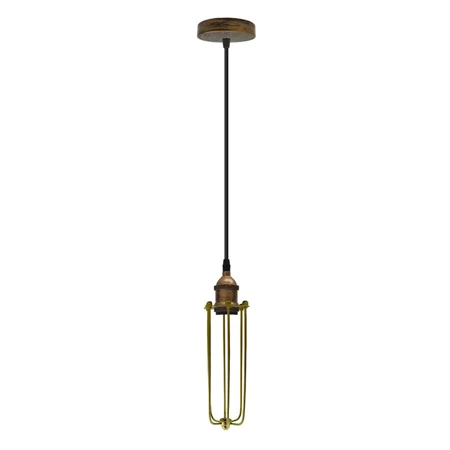 Vintage industrial adjustable ceiling light fixture with long diamond wire cage and exposed bulb hanging from ceiling