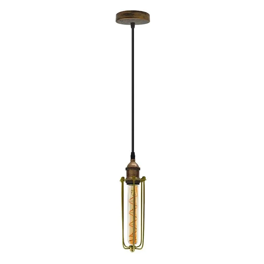 Metal cage pendant lamp with long diamond wire cage and adjustable cable hanging against a plain background