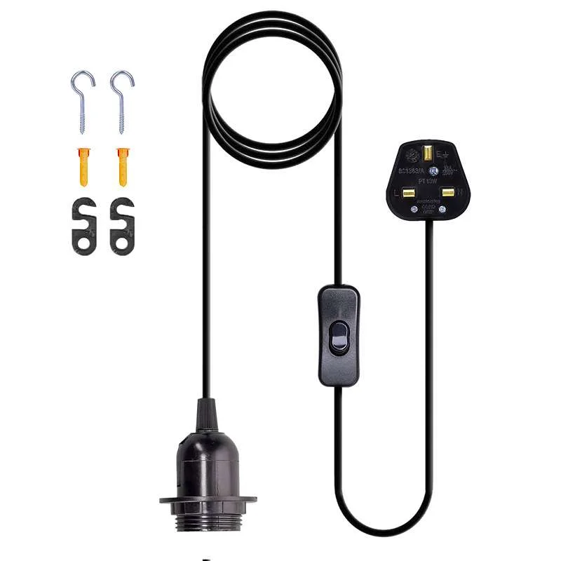 Black plug in pendant light fitting kit with inline switch, E27 socket, and UK plug on 2m cord length